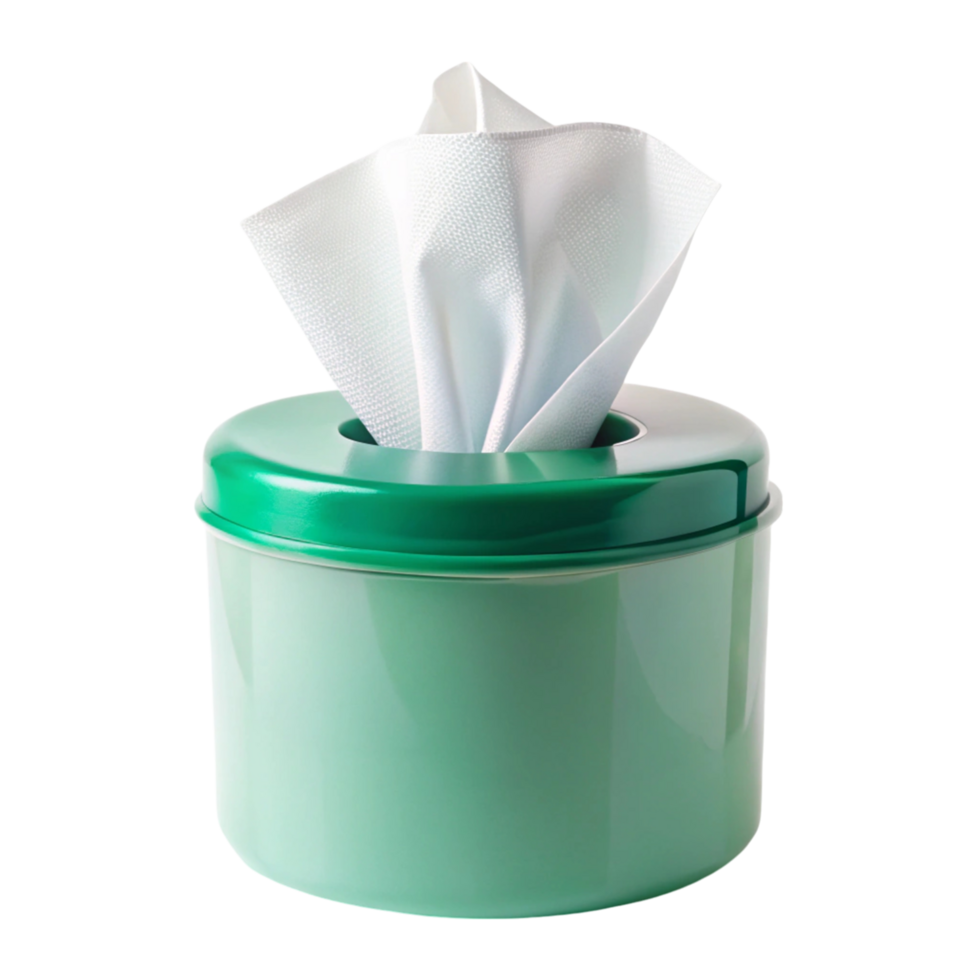 Green container of disinfectant wipes, isolated on white, ideal for cleaning and sanitizing surfaces png