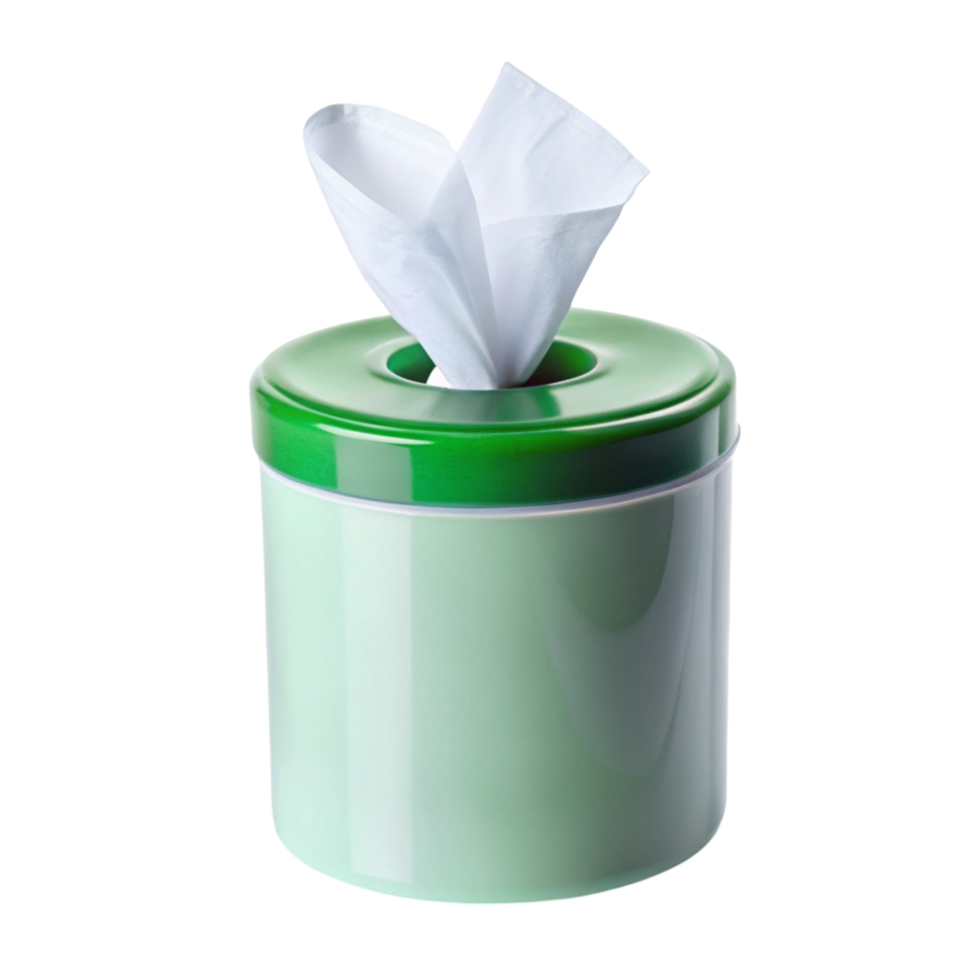 Disinfectant wipes in a compact green container, highlighting easy access for hygiene and surface cleaning png