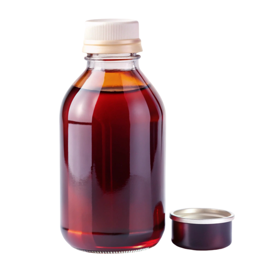 Dark glass bottle containing cough syrup, emphasizing healthcare and treatment for colds, isolated on white png