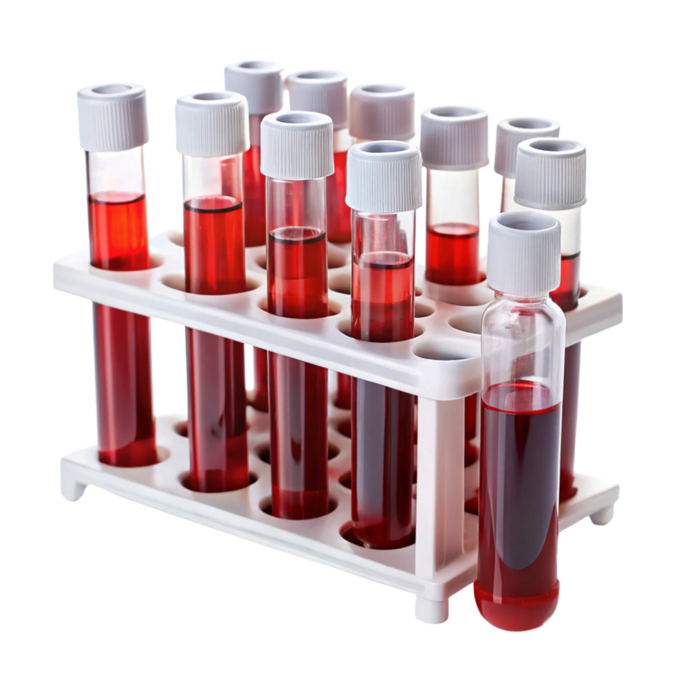 Rack of blood samples in test tubes isolated on Transparent Background for lab analysis and healthcare png