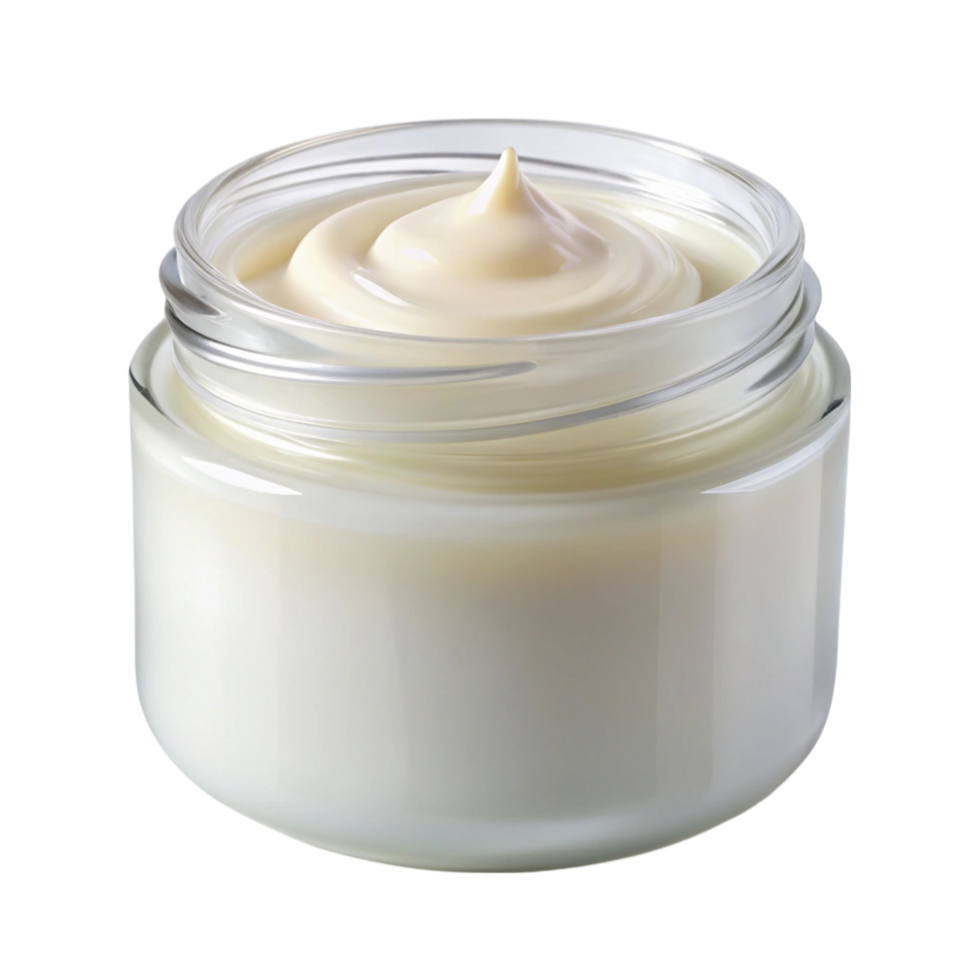 Open cosmetic jar filled with smooth cream, highlighting luxurious skincare product, isolated on white png
