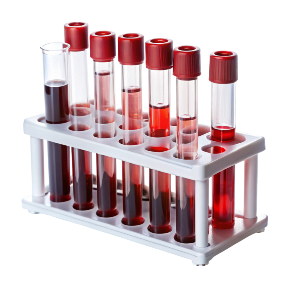 Laboratory blood test kit with multiple tubes for medical sample collection on Transparent Background png