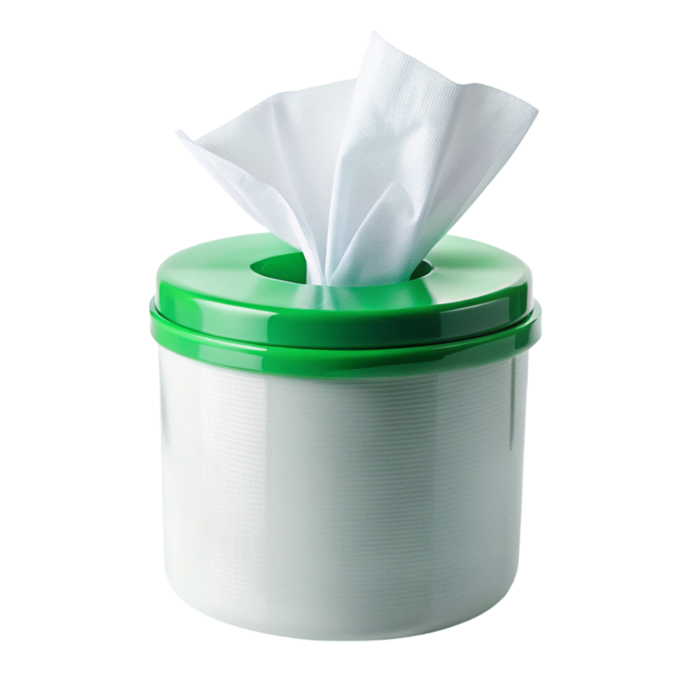 Hygienic disinfectant wipe dispenser, shown with a single wipe, emphasizing cleanliness and convenience png