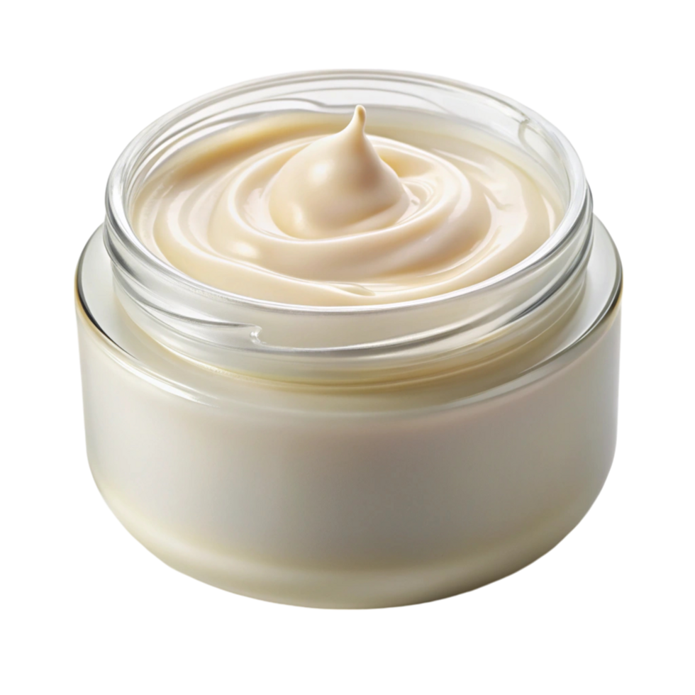 Skincare cream jar with rich, creamy lotion, showcasing smooth application and hydration, isolated on white png