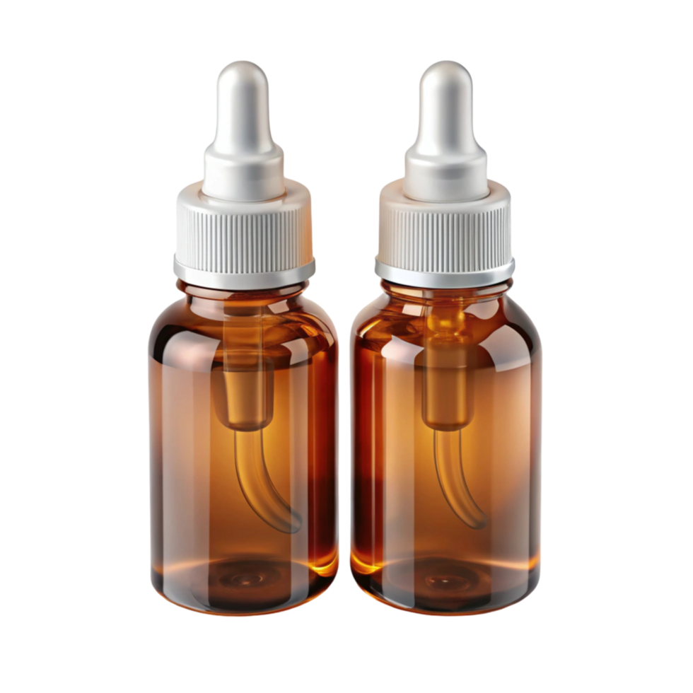 Two amber dropper bottles, isolated on Transparent Background, perfect for ear drops or liquid medication storage png