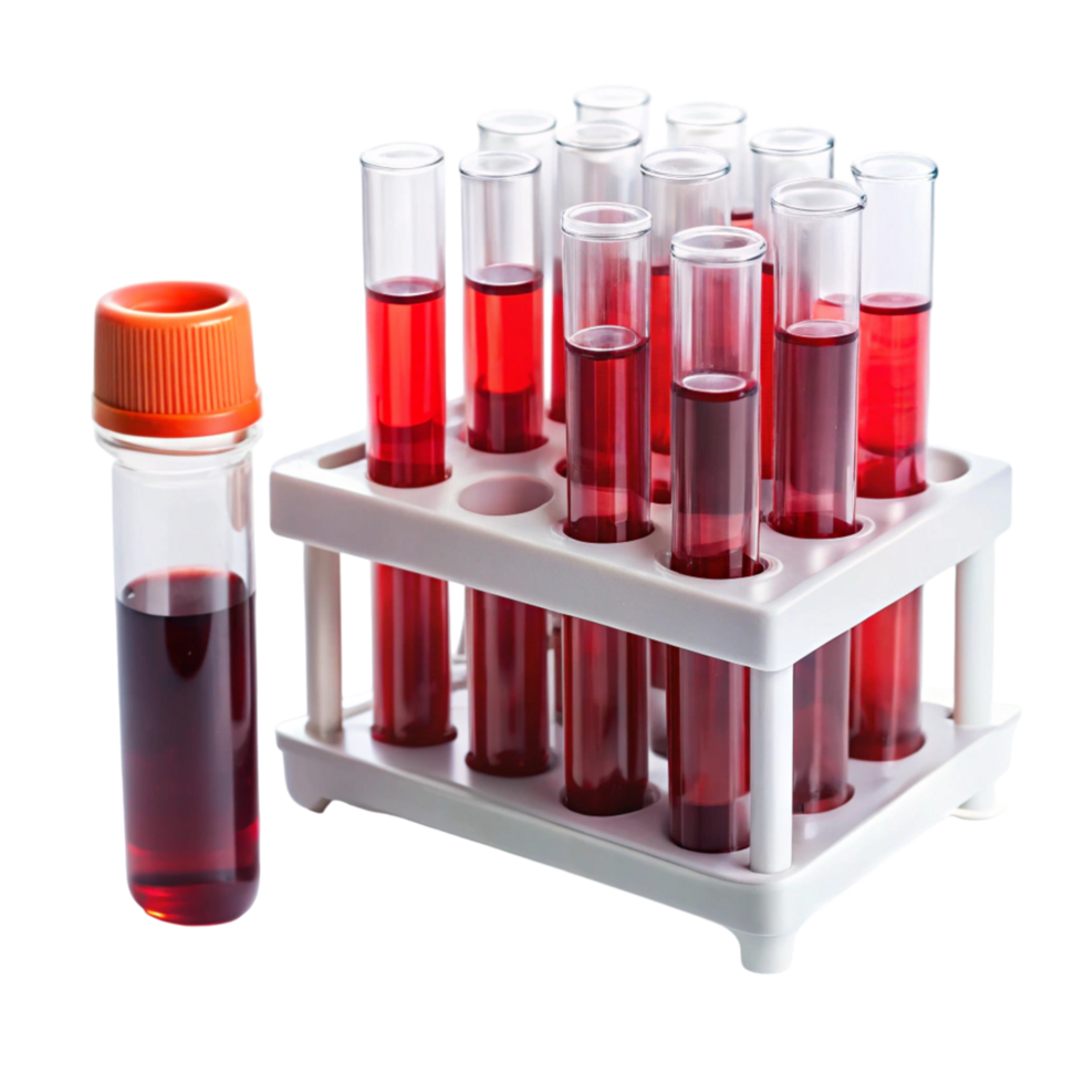 Medical diagnostic blood test tubes in a rack, isolated on white, used for clinical analysis png
