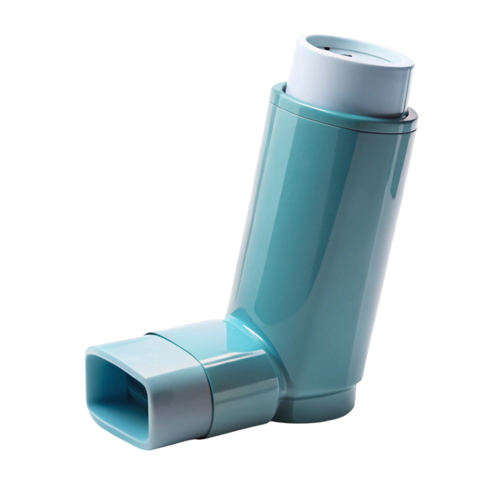 Close up of a modern inhaler device, showcasing its design for treating asthma and respiratory conditions png