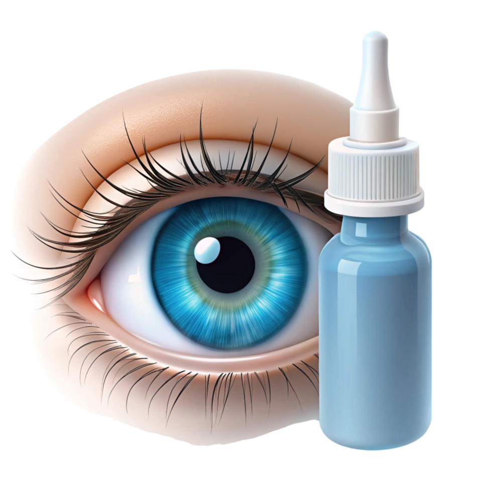 Eye care product with blue dropper bottle and realistic eye, designed for moisturizing and treating eye discomfort png
