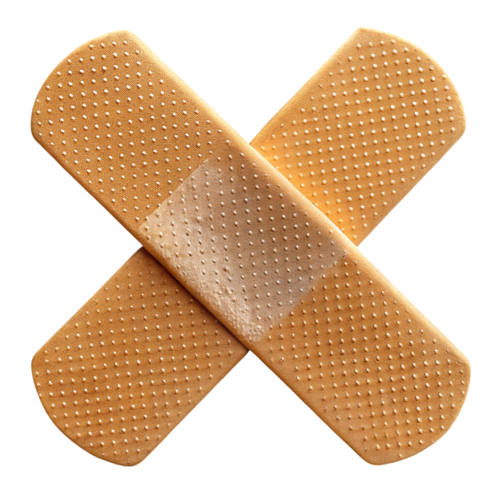 Close up of crossed band aids for wound healing and first aid on Transparent Background png