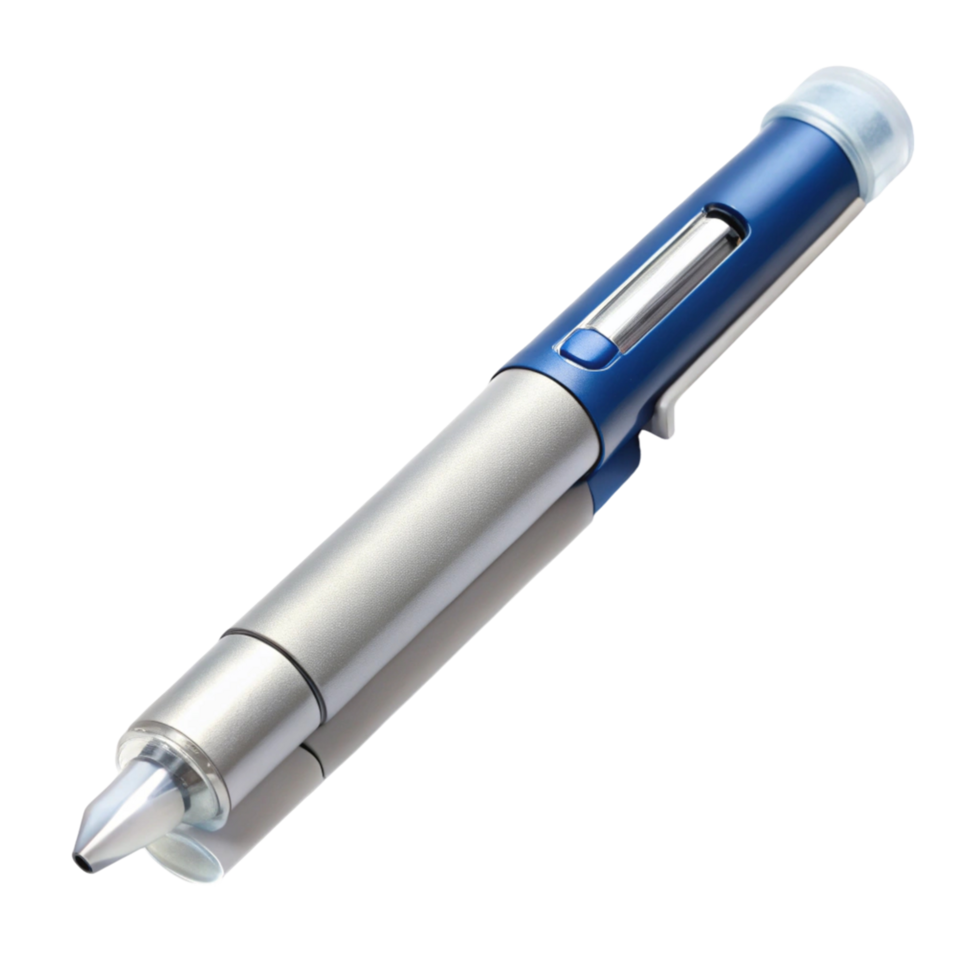 Close up of a blue and silver insulin pen, featuring ergonomic design for diabetes management, isolated png