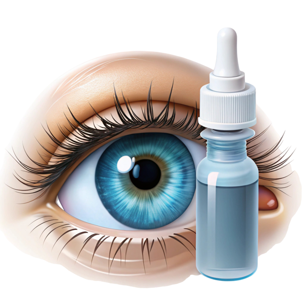 Blue eye with eye drop bottle, showcasing medical solution for dry eyes, irritation, and vision care, isolated png