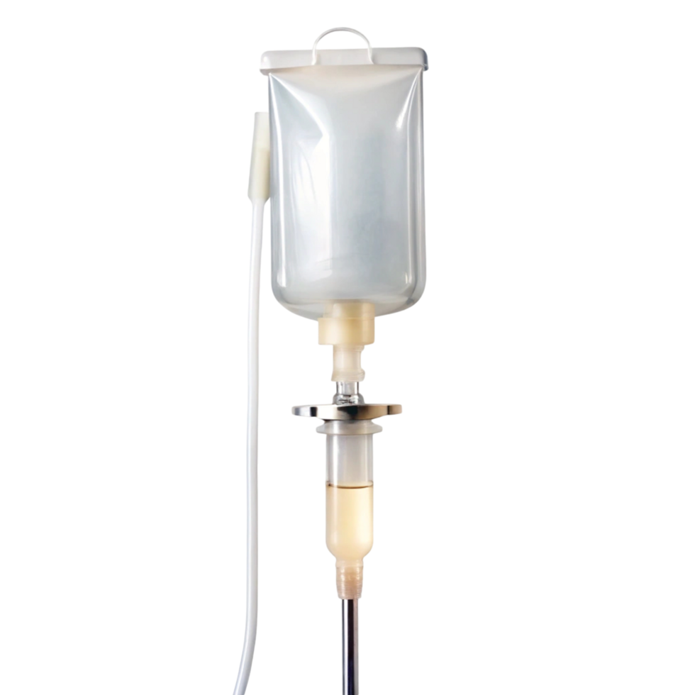 Transparent IV bag with attached tube, isolated on Transparent Background, used for intravenous fluid therapy png