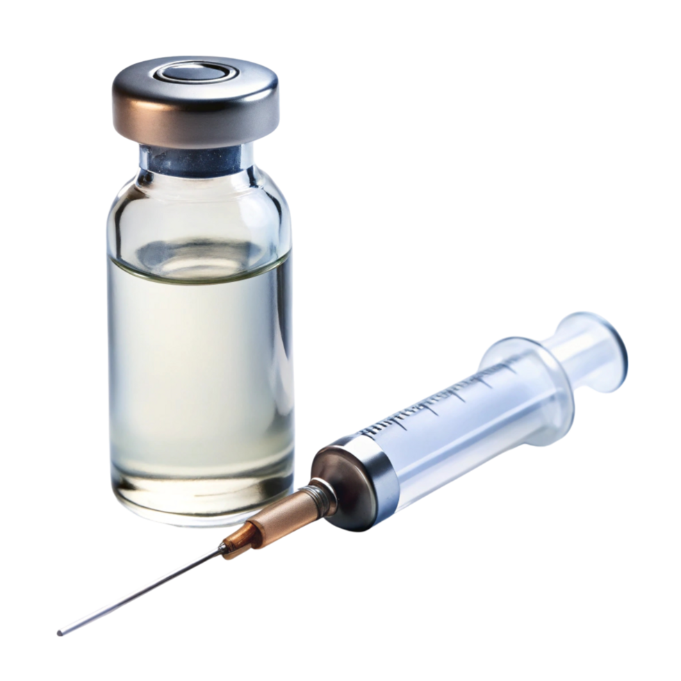 Sterile syringe and medicine vial, reflecting essential equipment for injections, immunization, and healthcare use png