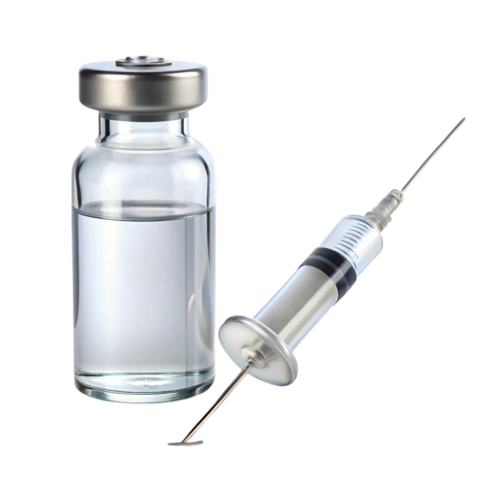 Transparent vial with liquid medication and syringe, isolated on white, used for healthcare and treatment purposes png