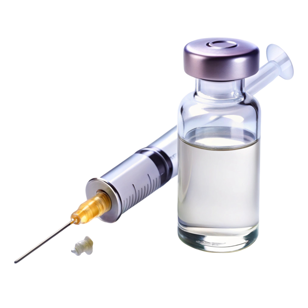Close up of a syringe and vial, showcasing precise medical equipment for administering vaccines or medication png