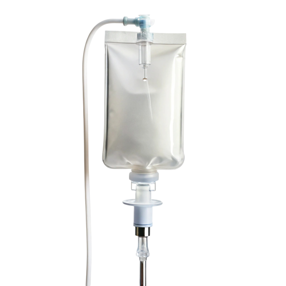 Clear medical IV bag with tubing, isolated, ideal for hospital use and patient care in fluid management png