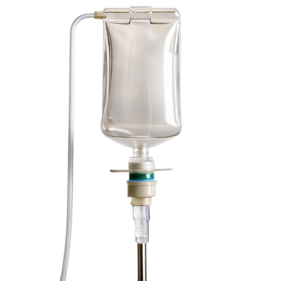 Close up of an empty IV drip bag, highlighting medical equipment for fluid administration, isolated on white png