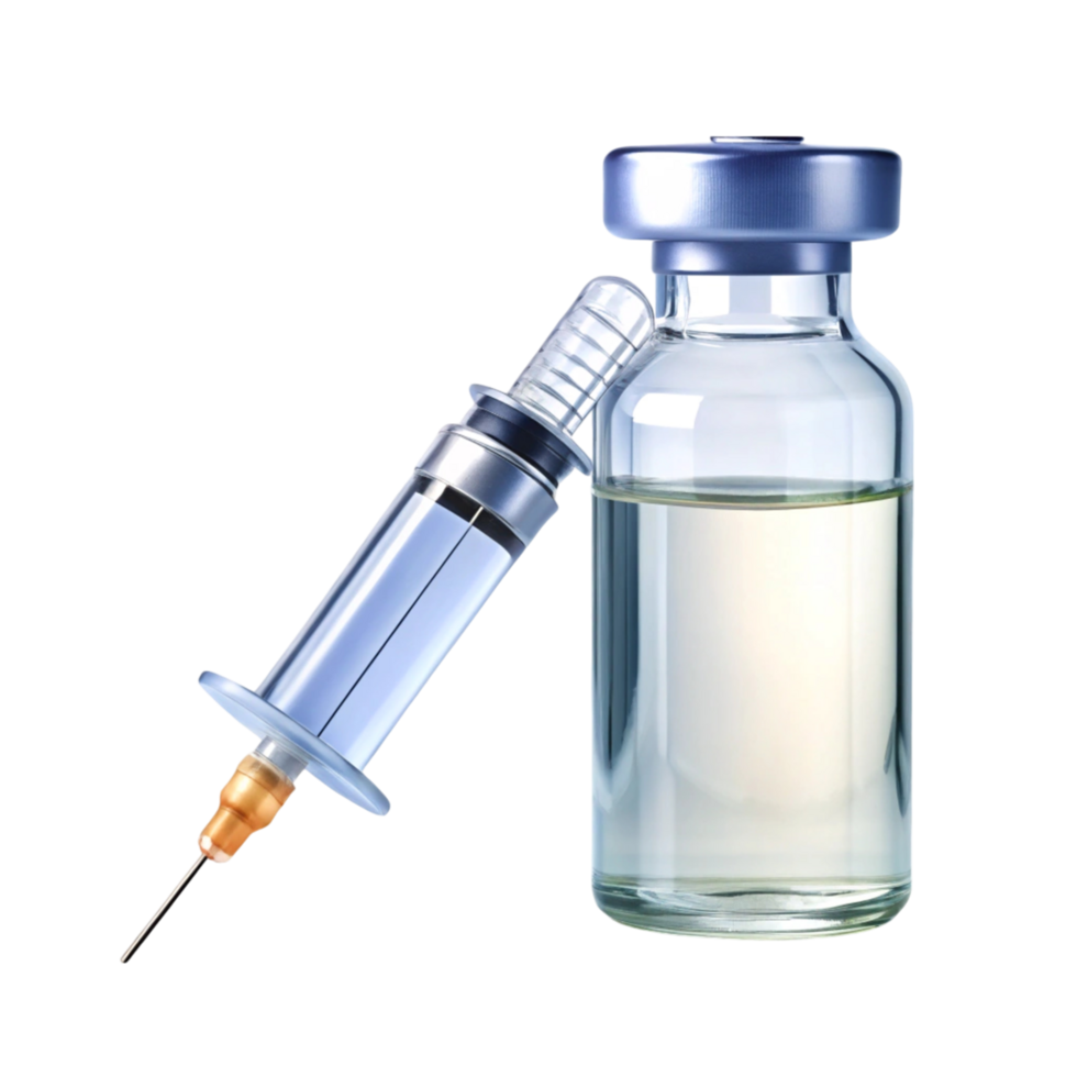 Medical syringe with needle and clear glass vial, isolated on Transparent Background, ideal for injection and vaccination png