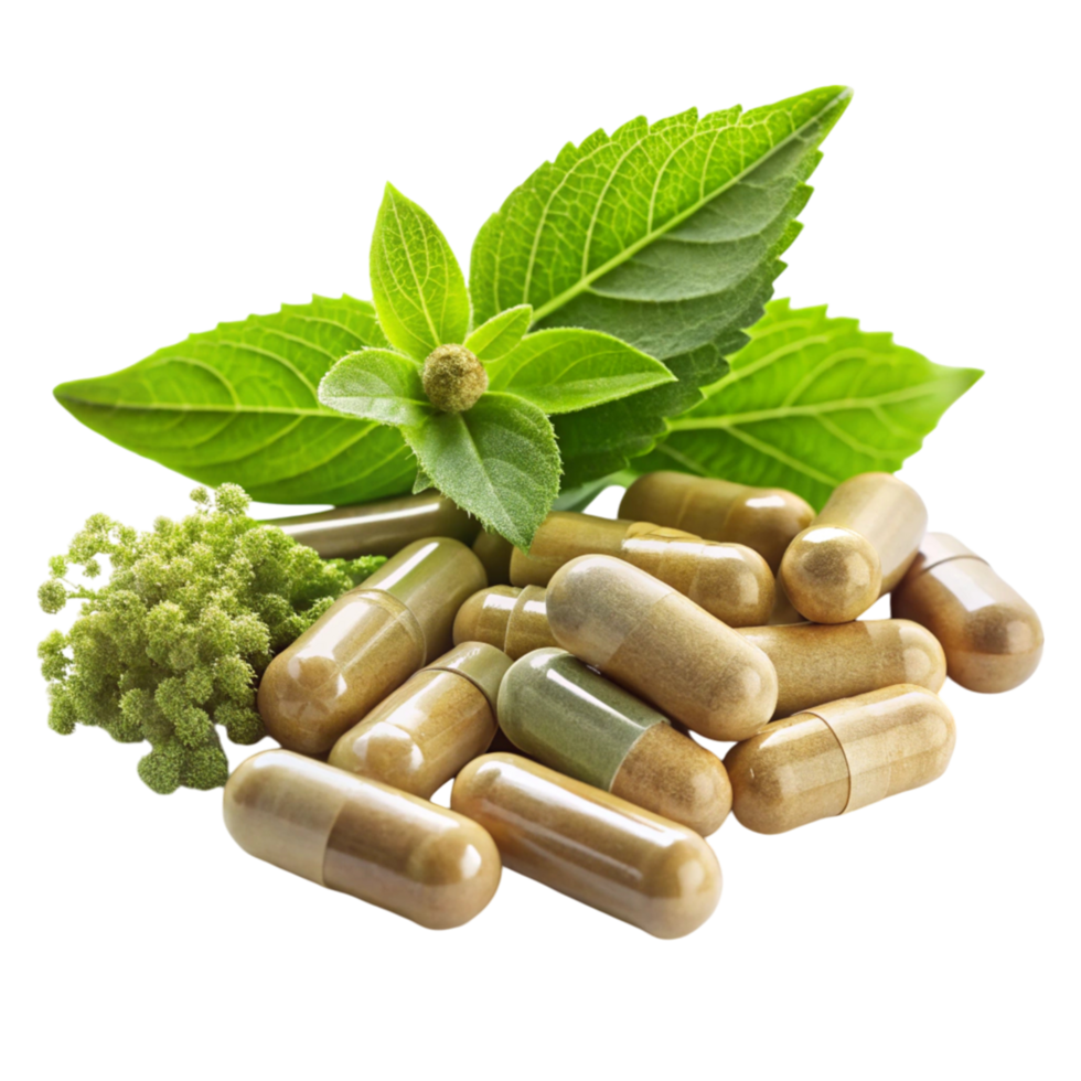 Organic herbal capsules with fresh green herbs, symbolizing natural supplements and holistic health care, isolated png