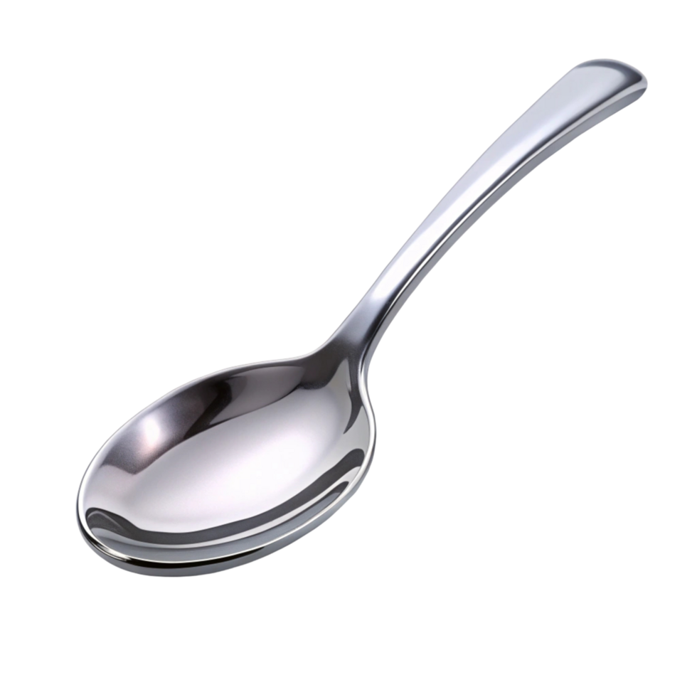 Close up of a reflective silver spoon, simple and sleek, ideal for dining, cooking, or food styling, isolated png