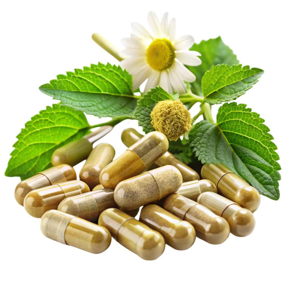 Close up of herbal capsules and medicinal plants, featuring natural ingredients for wellness, isolated on white png