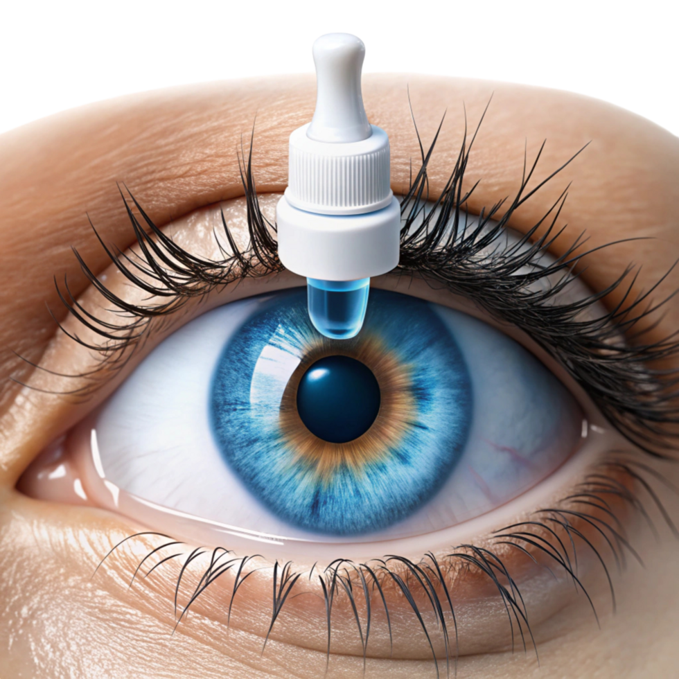 Eye drop bottle with close up of a blue eye, isolated on Transparent Background, emphasizing eye care and relief png