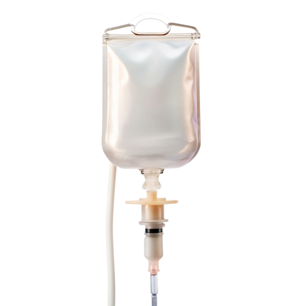 Empty IV solution bag, designed for intravenous therapy, shown isolated on a clean Transparent Background png