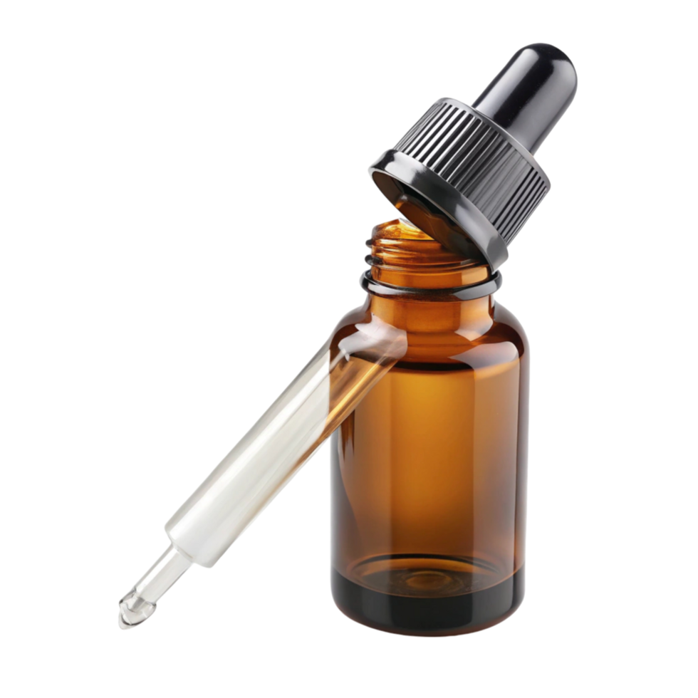 Open amber dropper bottle with pipette, showcasing precise dispensing for liquids, isolated on a clean surface png