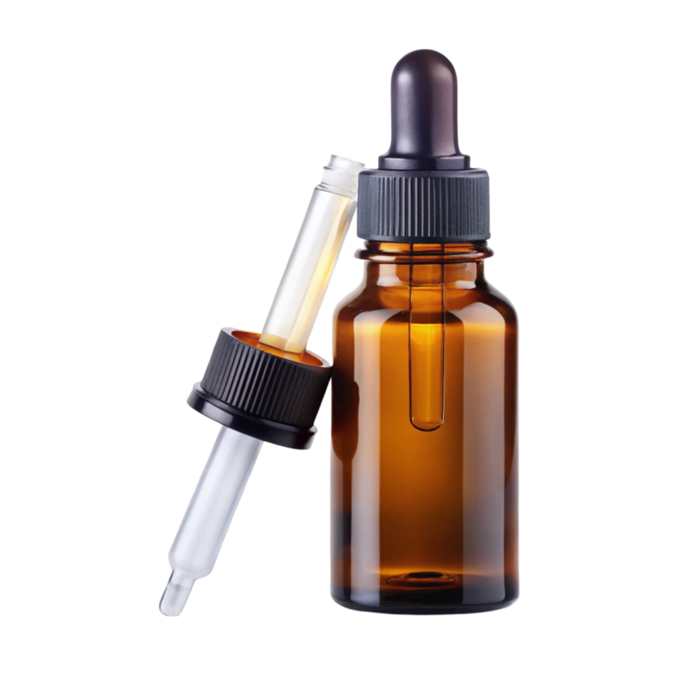 Transparent amber glass bottle with detachable dropper, designed for skincare or medical liquids, isolated png