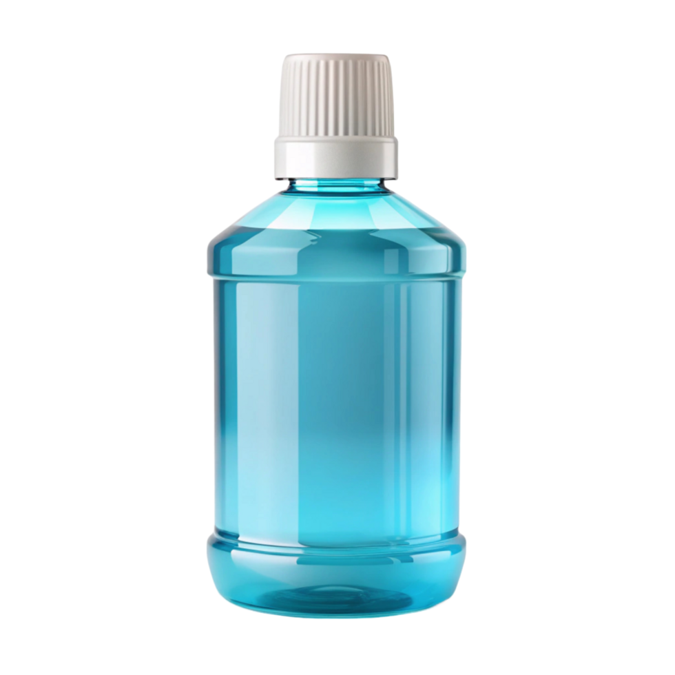 Clear plastic bottle of oral rinse, featuring blue liquid, designed for dental care and daily mouth cleaning png