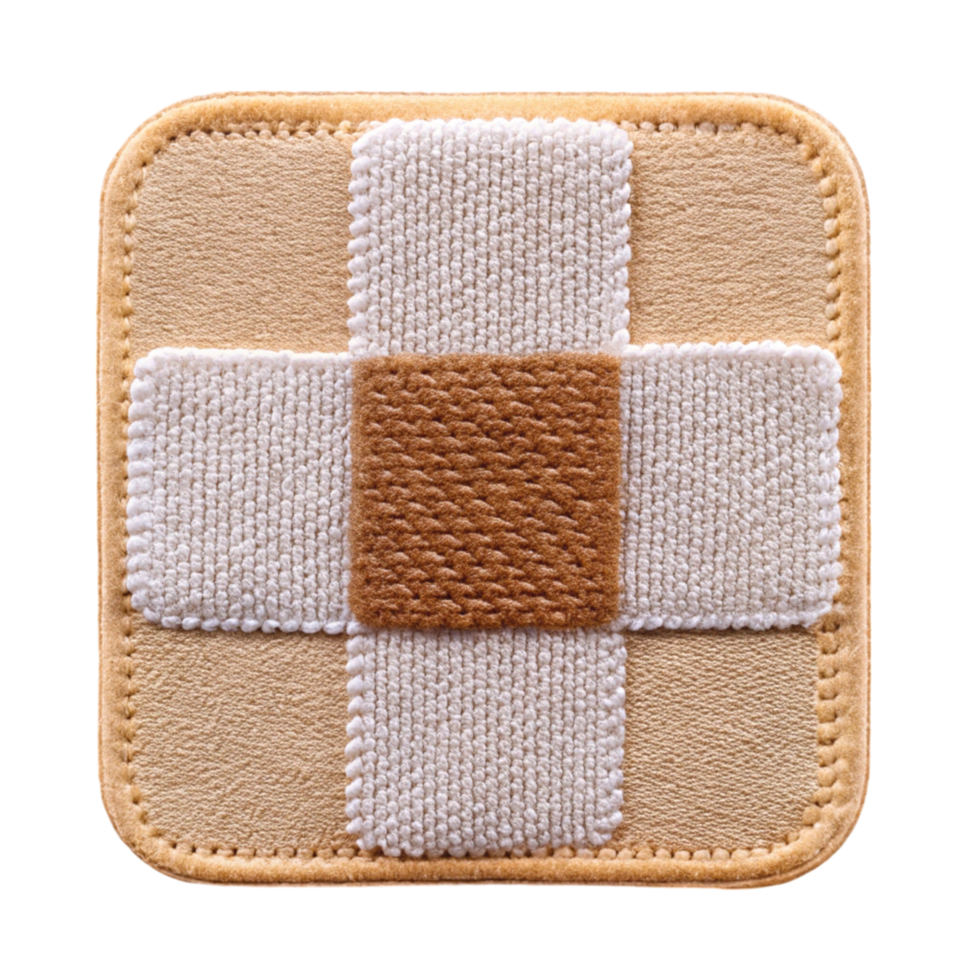 Square fabric patch with cross stitching, isolated on white, perfect for wound covering and injury treatment png