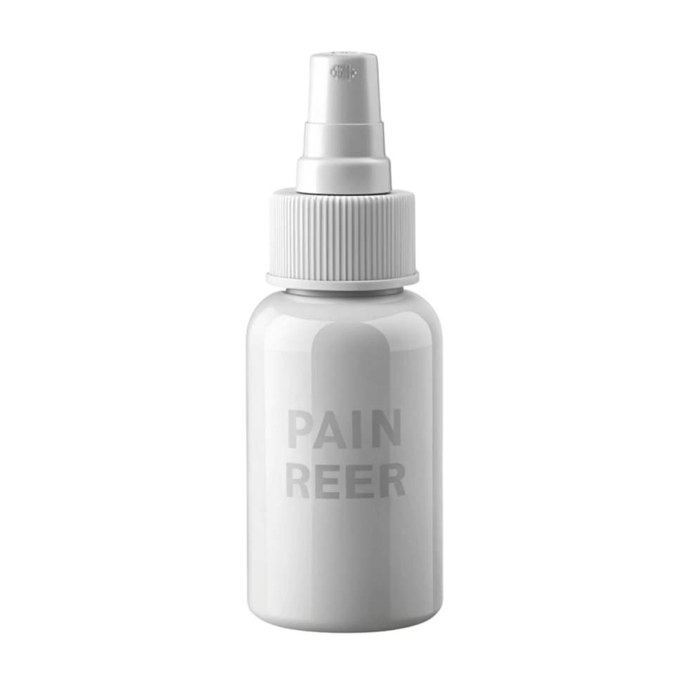 Close up of a pain relief spray bottle, showcasing compact design and easy to use spray nozzle for quick pain management png