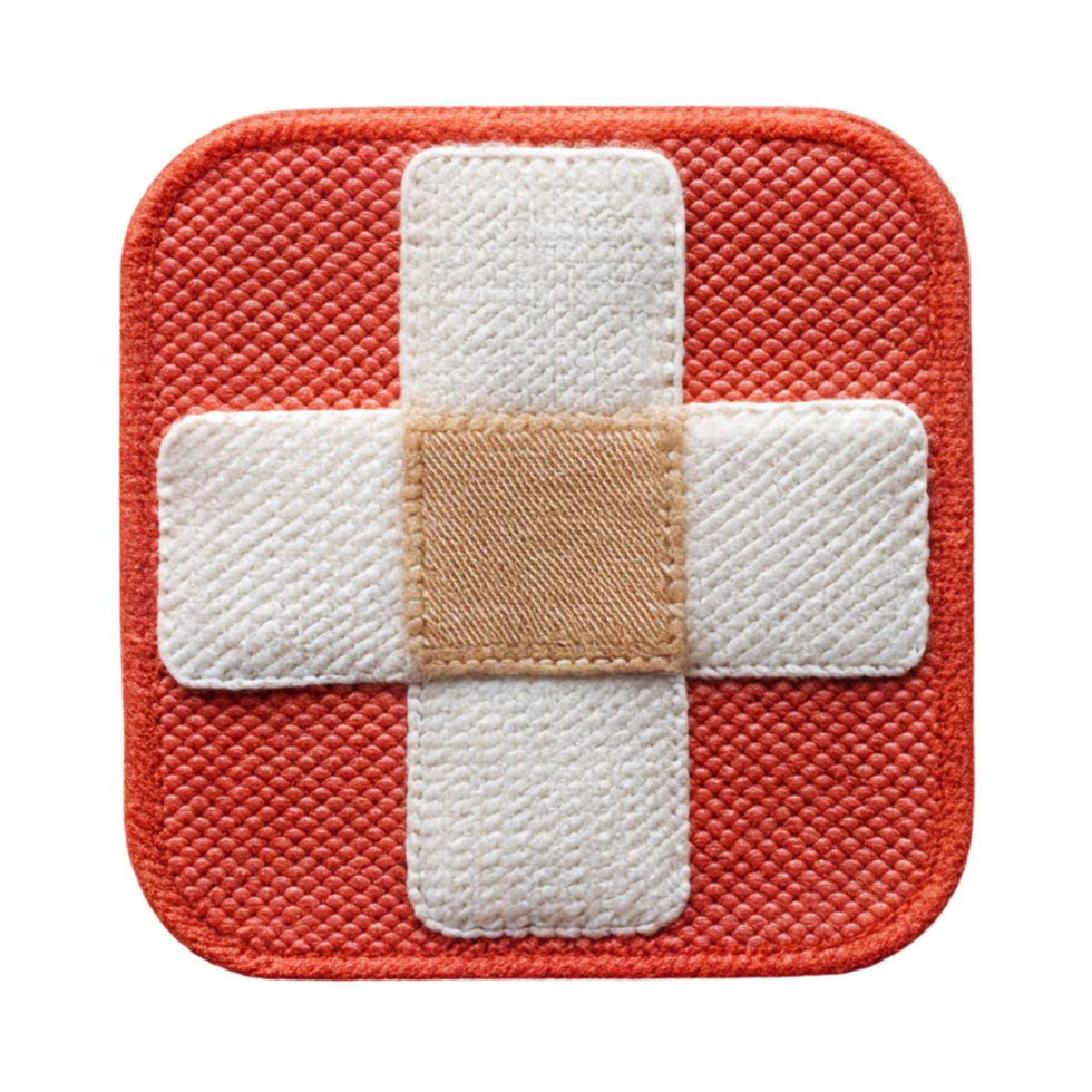 Close up of a stitched medical patch with a cross symbol, highlighting durable design for healthcare use png