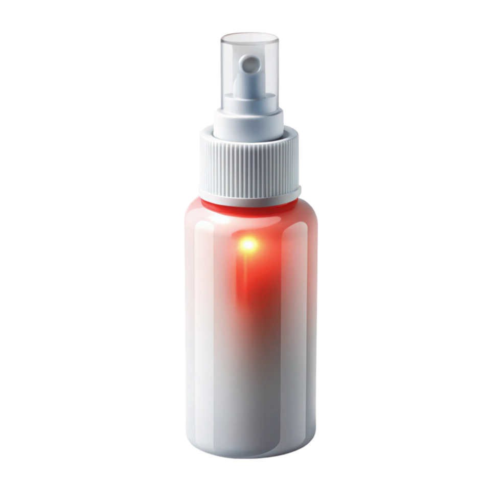 White pain relief spray bottle, isolated on Transparent Background, ideal for topical application and fast relief png