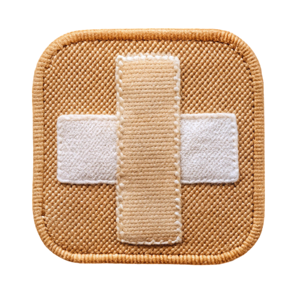 Medical patch with stitched cross, providing protective cover for wounds, isolated on a clean background png