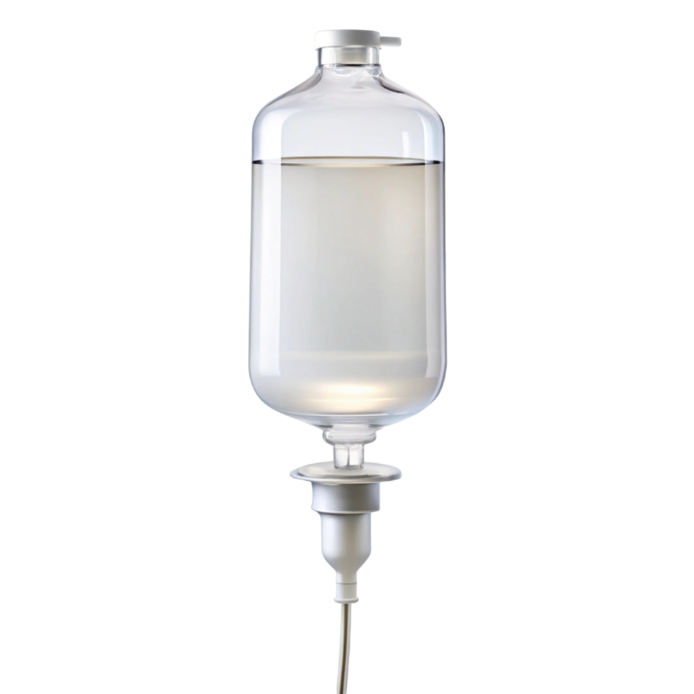 Close up of a saline solution bottle for intravenous use, highlighting healthcare equipment for patient care png