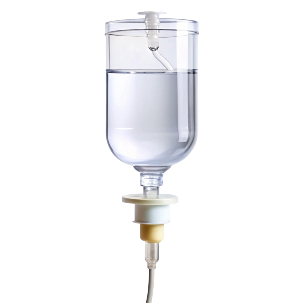 Saline solution IV bottle, providing hydration and medication to patients, clean and sterile, on a Transparent Background png