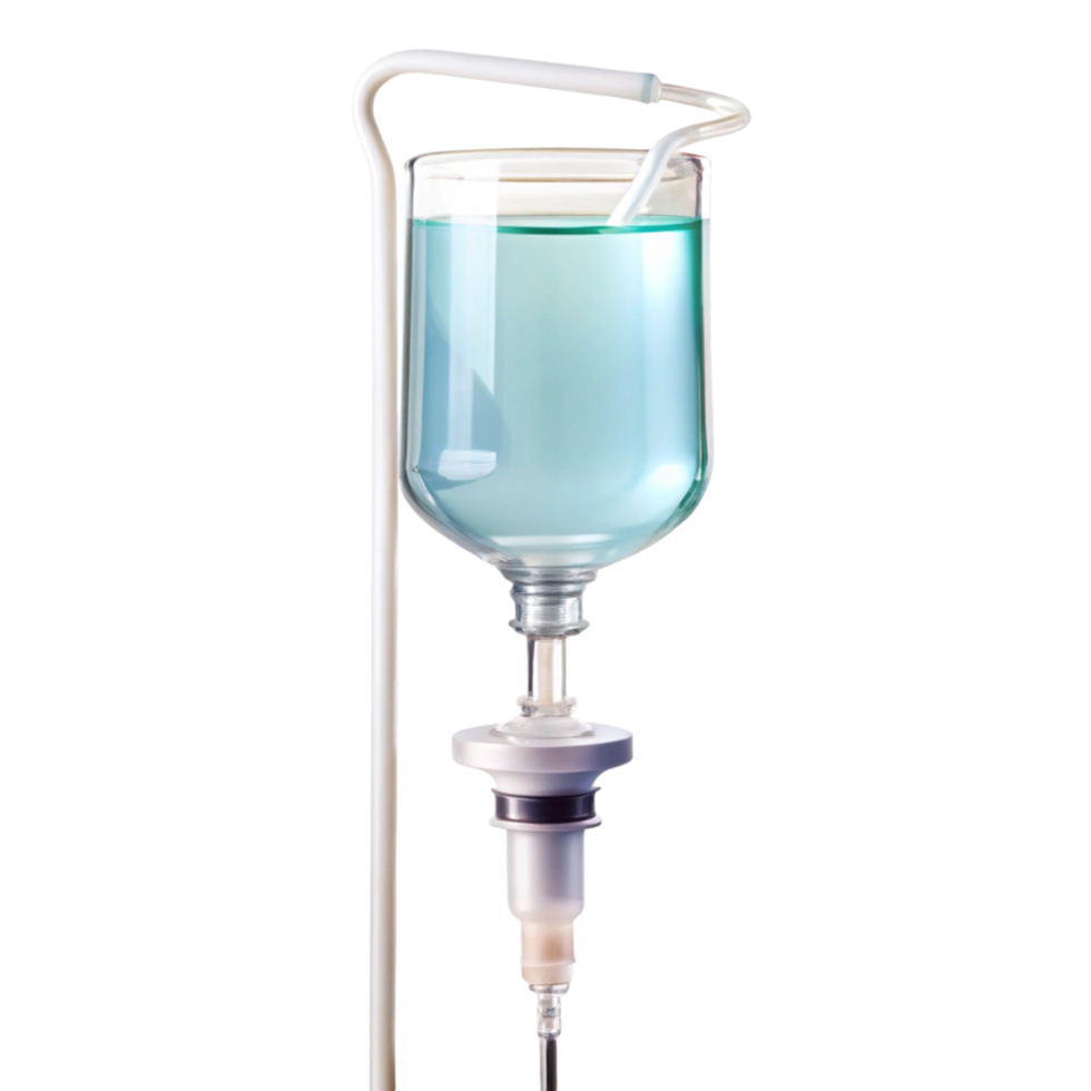 Medical IV drip bag containing blue liquid, isolated on white, used for fluid therapy and medication delivery png