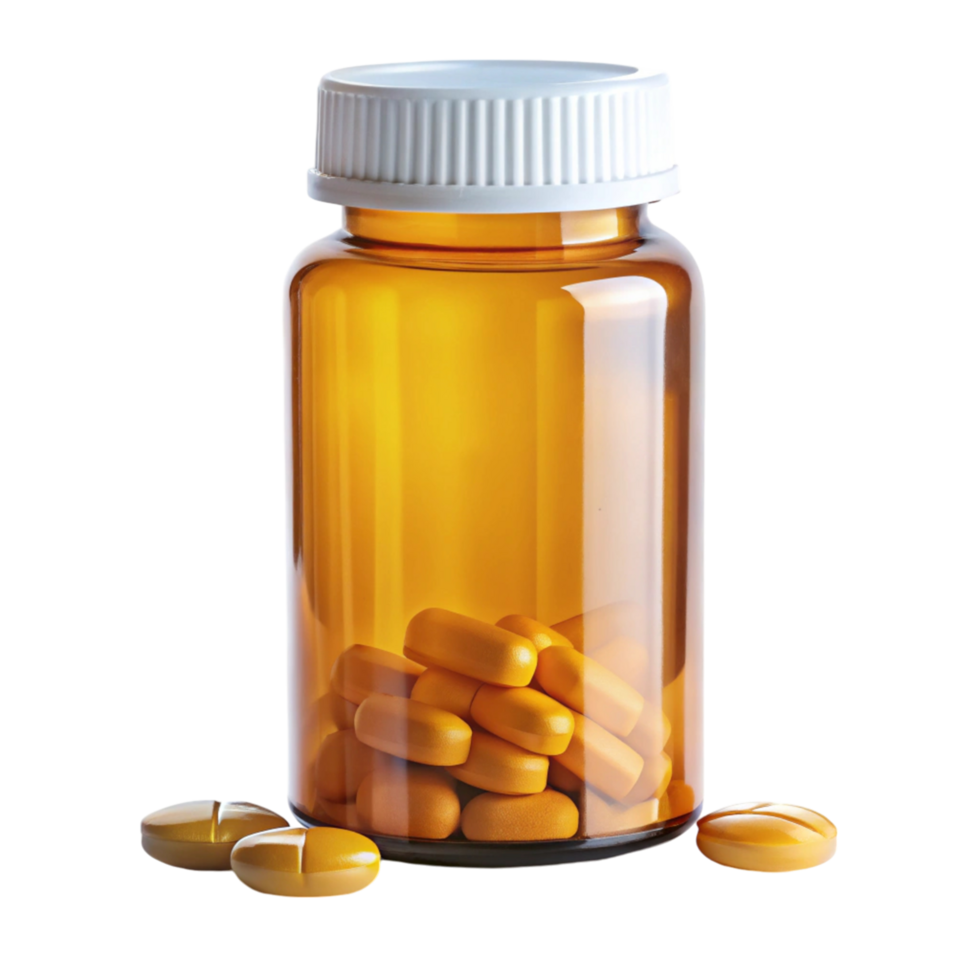 Transparent amber pill bottle filled with yellow tablets, isolated on Transparent Background, for medication storage png