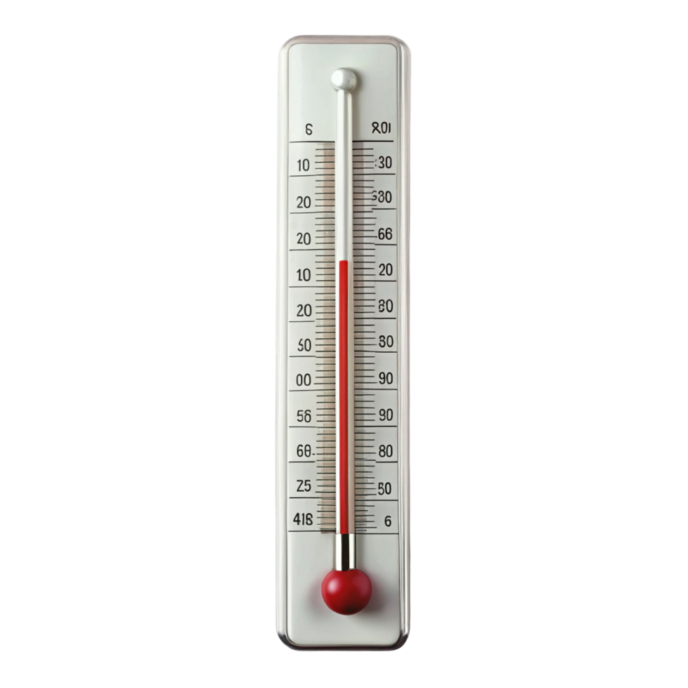 Vertical mercury thermometer with temperature readings, isolated and angled for better visibility on white png