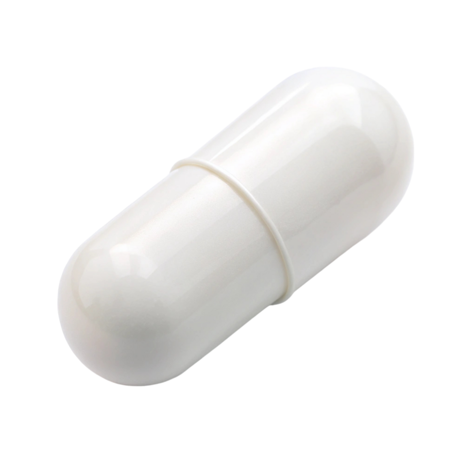 White capsule shaped suppository, isolated on a reflective surface, used for medication administration and treatment png