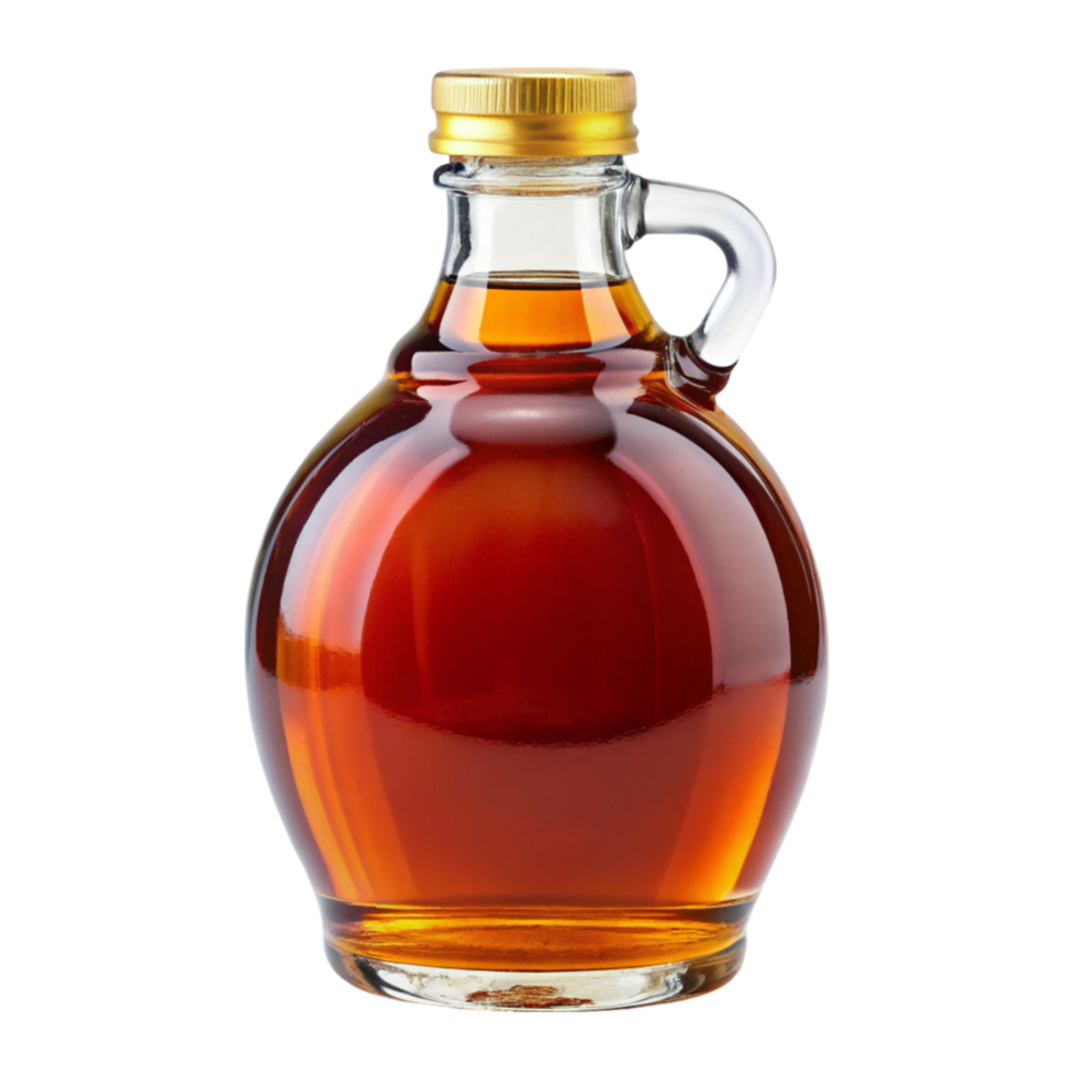Maple syrup bottle with a distinctive handle and gold colored cap, showcasing deep amber liquid png
