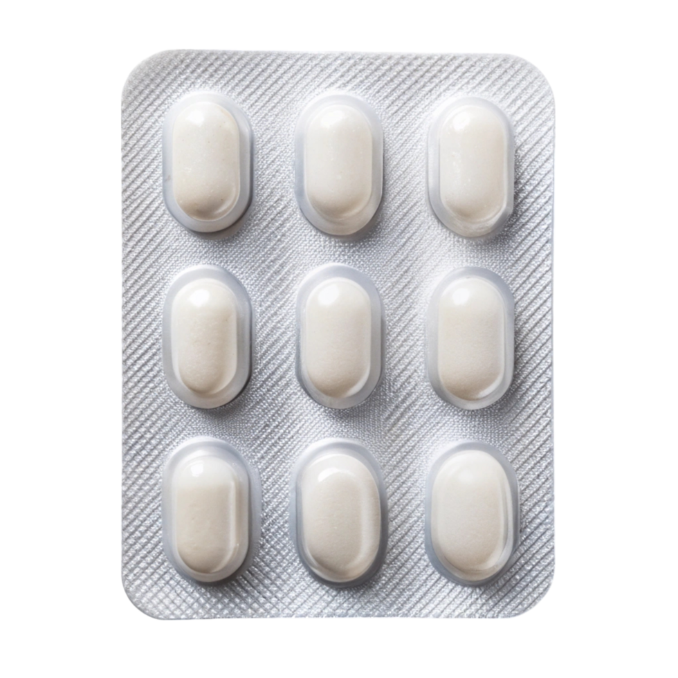 Close up of blister pack containing white capsules, ideal for medication storage and healthcare use, isolated view png