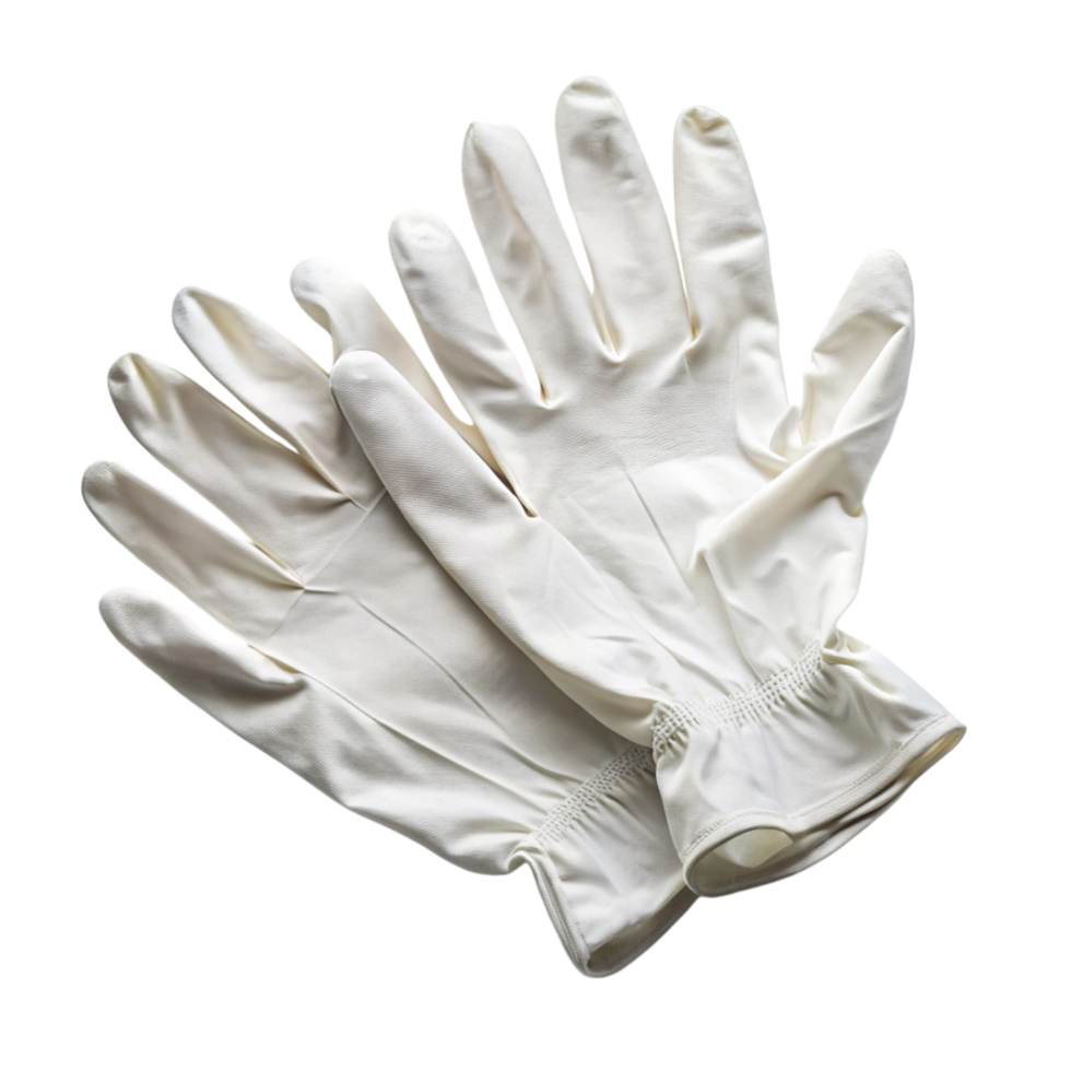 Pair of white disposable latex gloves, isolated on Transparent Background, essential for medical safety and hygiene png