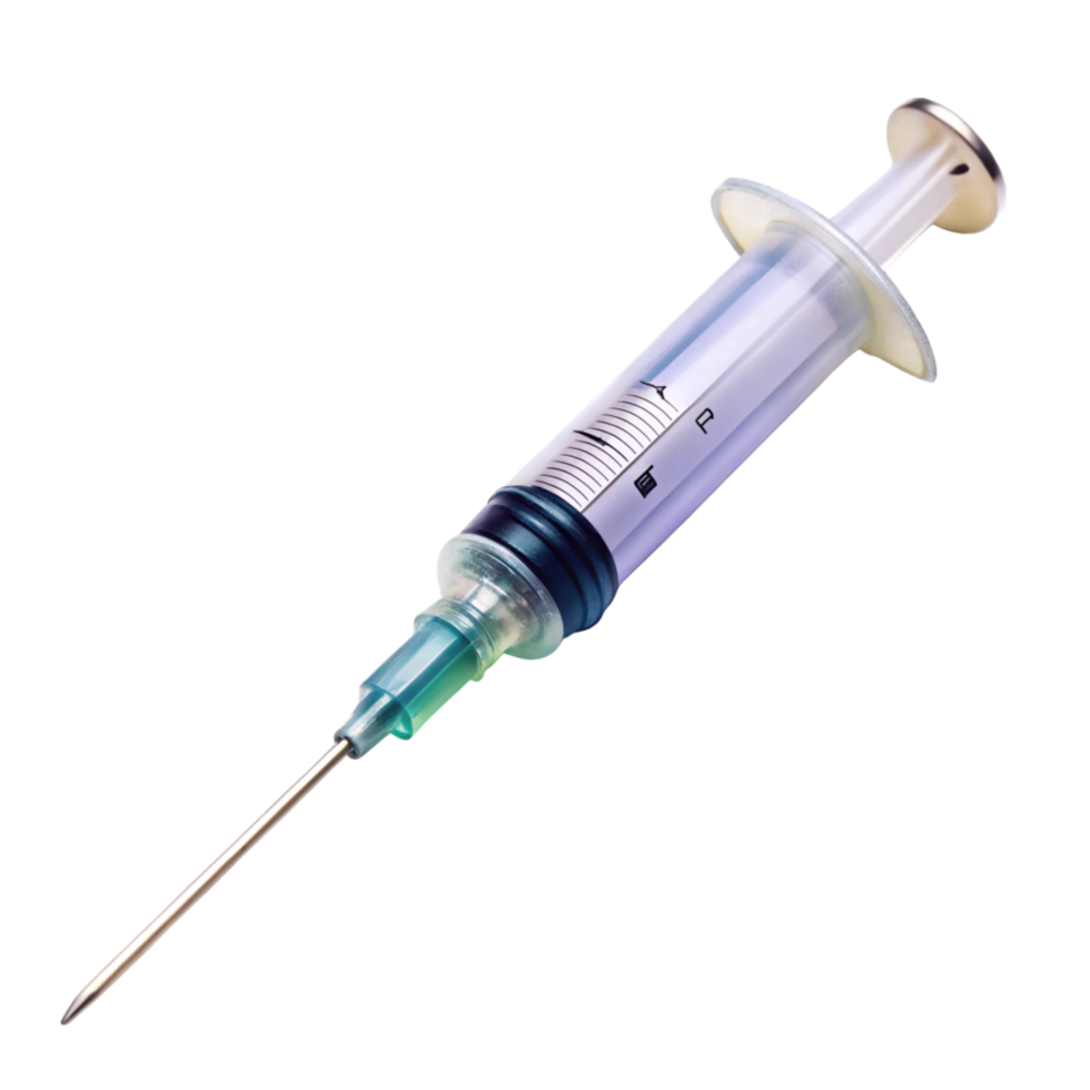 Transparent medical syringe with needle filled with blue liquid on Transparent Background for healthcare use png