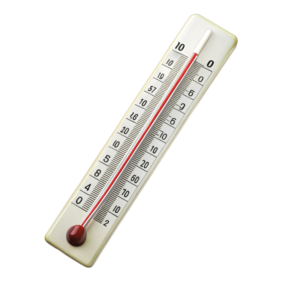 Classic mercury thermometer showing temperature in Celsius and Fahrenheit, isolated on Transparent Background png