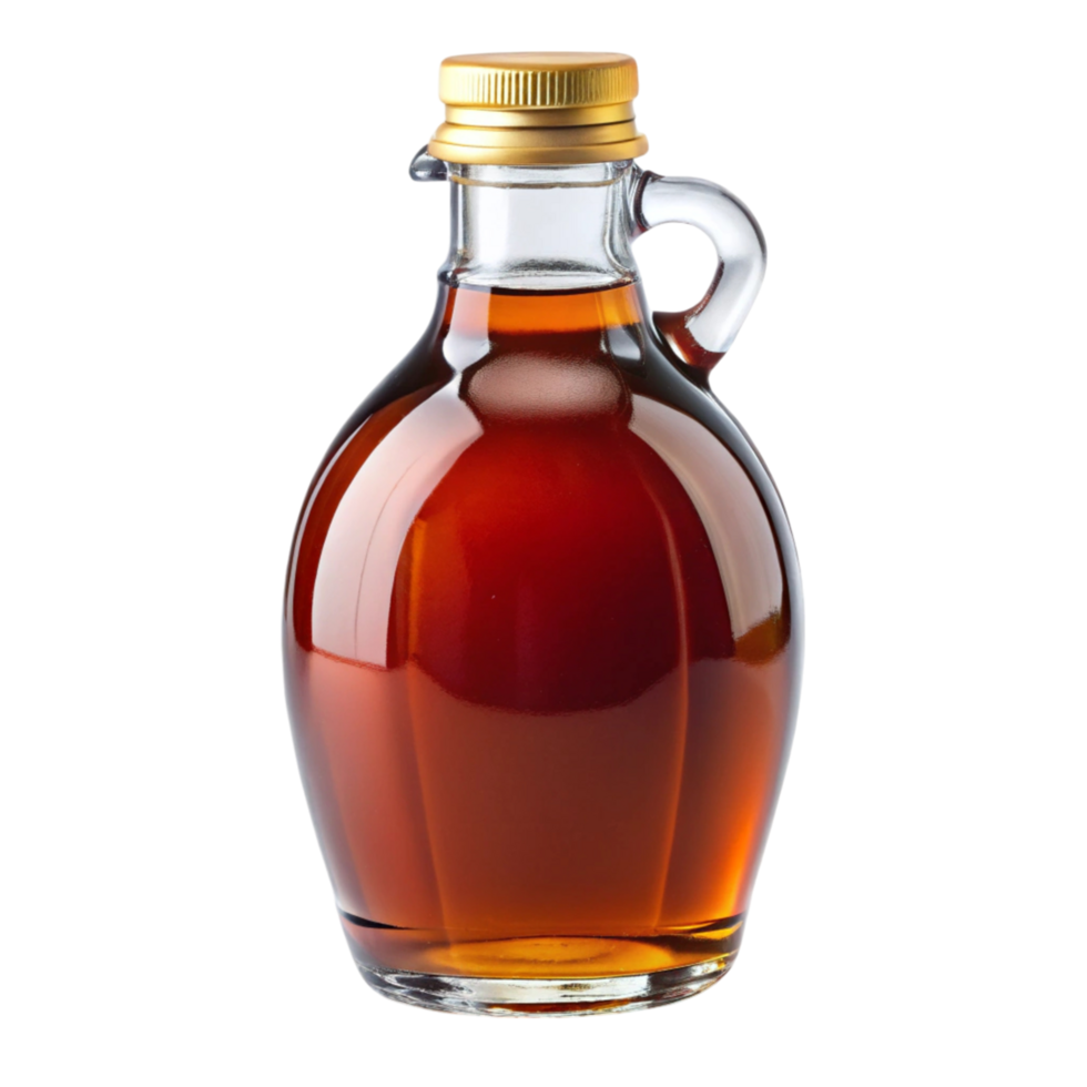 Glass bottle filled with golden maple syrup, isolated on a Transparent Background with a yellow cap and handle png