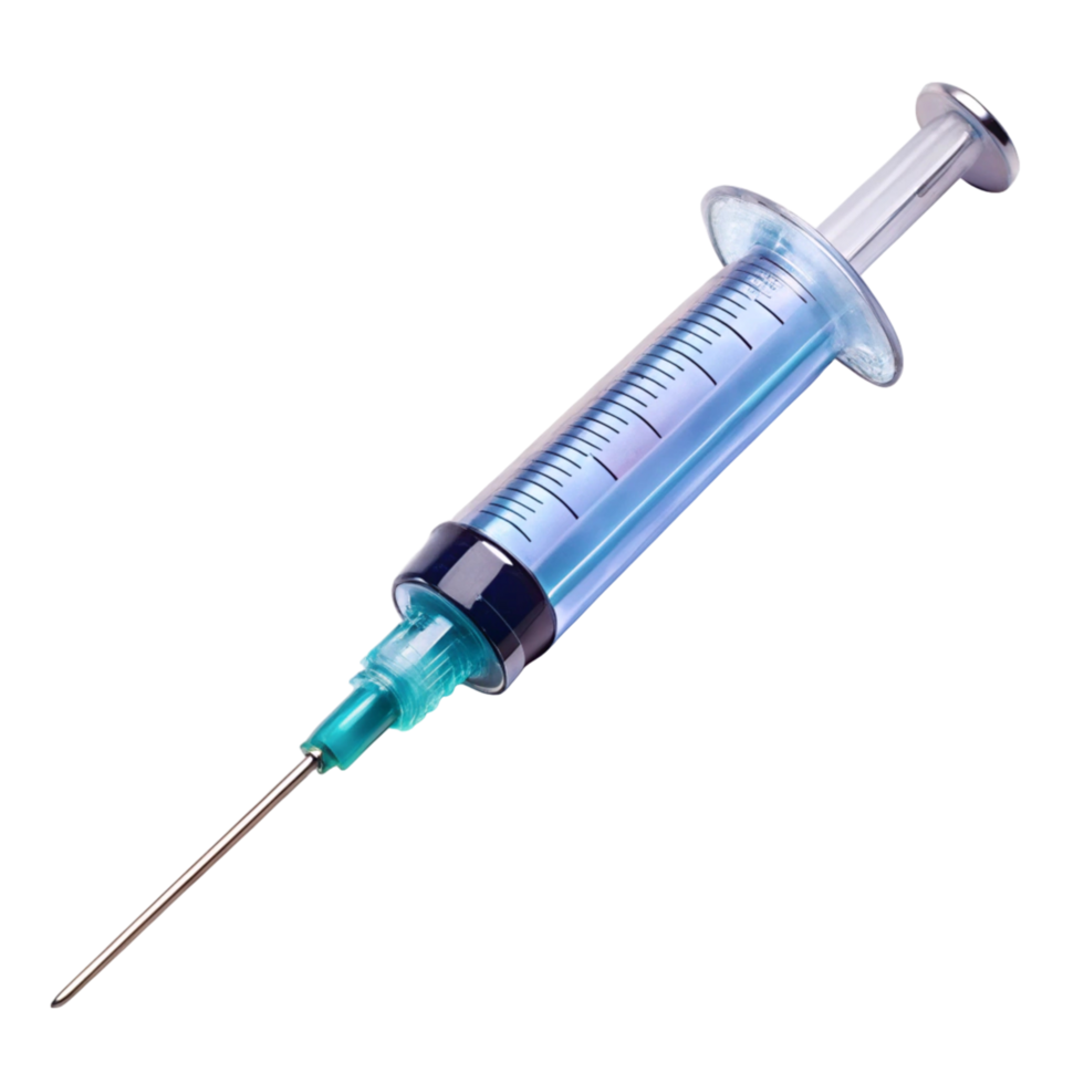 Injection syringe with blue fluid, detailed view on white, symbolizing medicine, healthcare, and immunization png