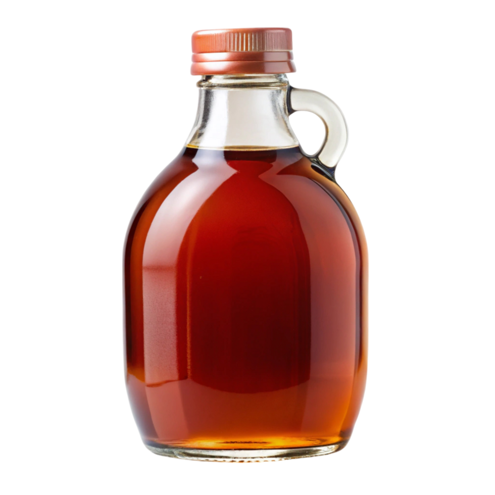 Clear glass container of rich amber maple syrup, standing isolated against a plain Transparent Background png