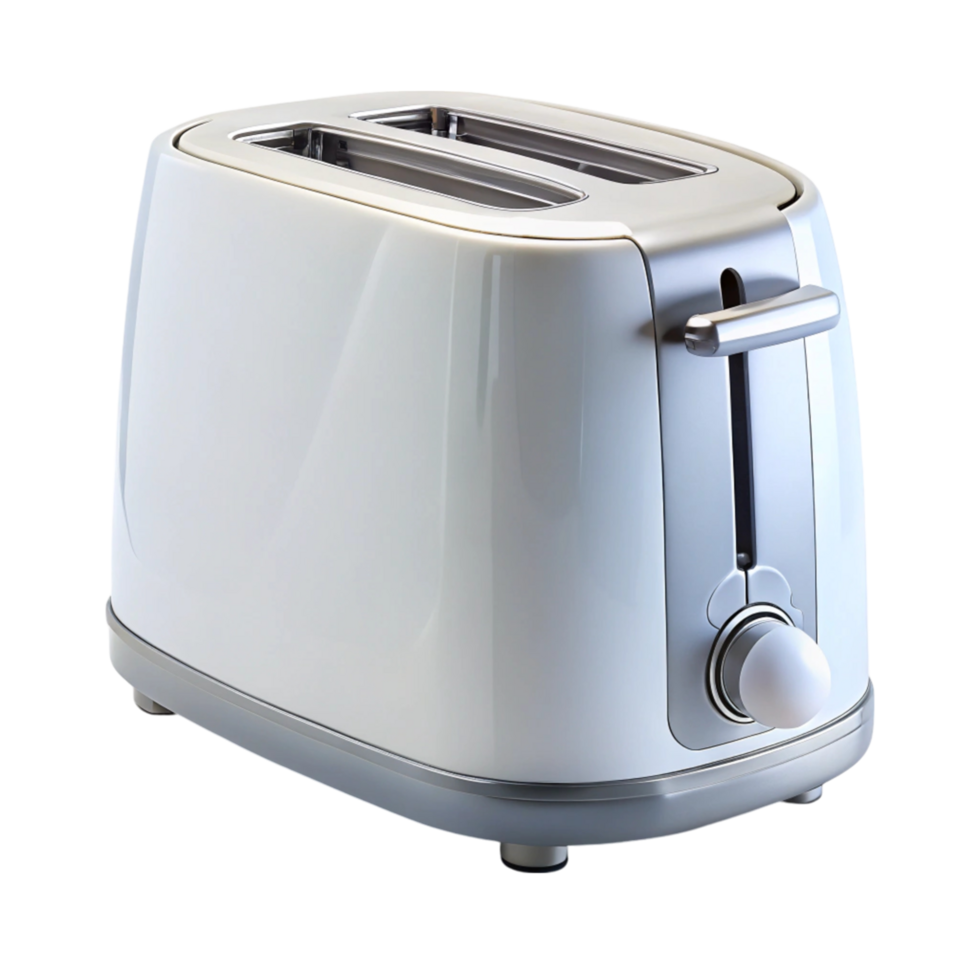 Contemporary kitchen appliance set featuring a minimalist white toaster and a silver countertop device on white png